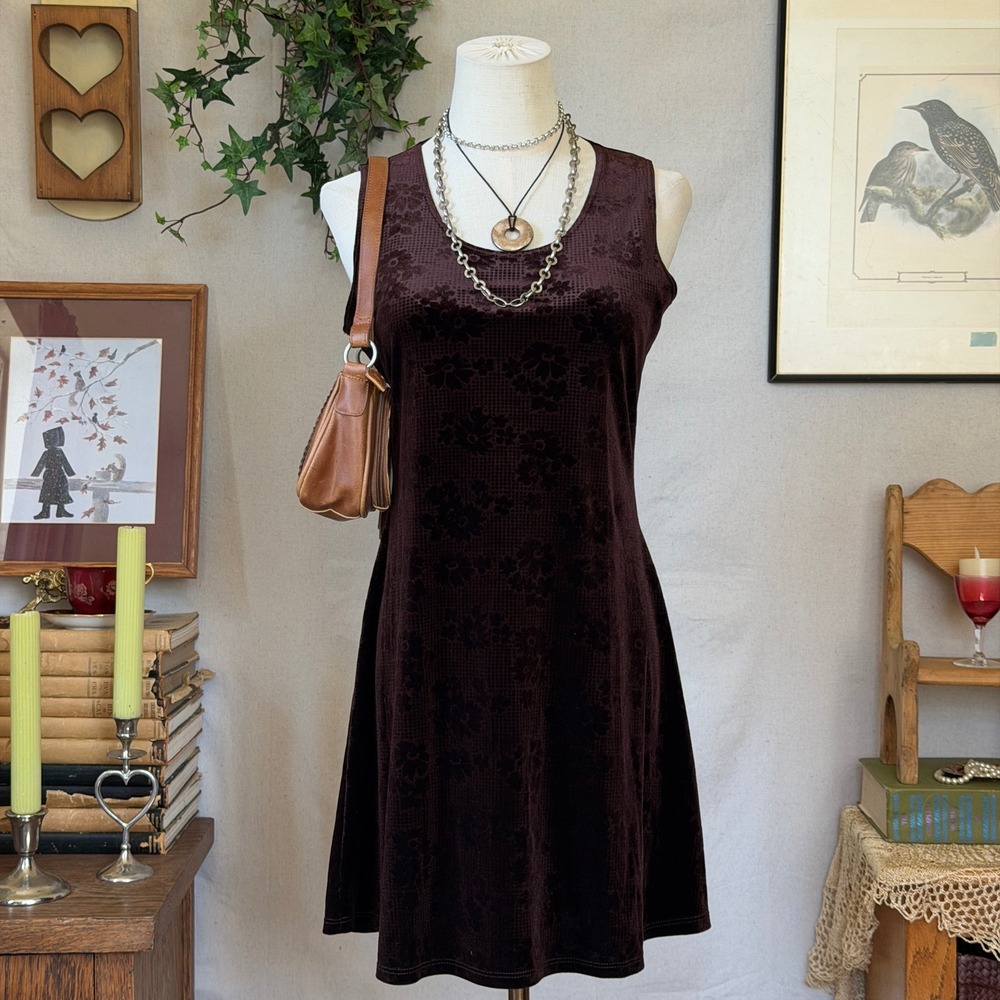 Brown Floral Velvet Burnout Mini Dress Whimsigoth Vintage 90s Large Girly Gruge